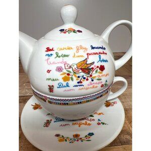 Portuguese-Inspired Ceramic Teapot Cup & Saucer Set With Hand-Painted  3-Piece